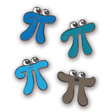 A set of four hard enamel pins of pi characters in various colors. Three of the characters are blue and one is brown. Each one has a different expression. From 3blue1Brown.
