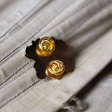 Shows the gold back of the pin with two butterfly clasps.