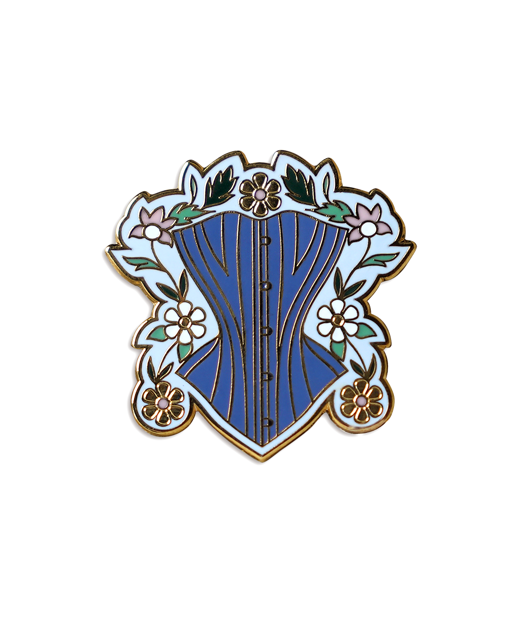 Pin is about 1.25" tall and depicts a powder blue corset surrounded by gold, white, and pink daises with green leaves and a light blue background.