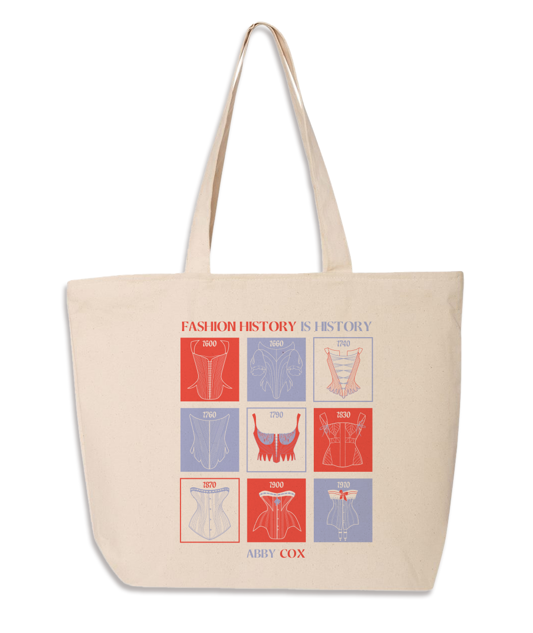 Canvas tote with red and light purple square design on the front. Text says FASHION HISTORY IS HISTORY and then under the design says ABBY COX.