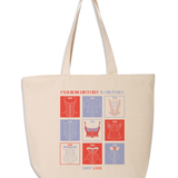 Canvas tote with red and light purple square design on the front. Text says FASHION HISTORY IS HISTORY and then under the design says ABBY COX.