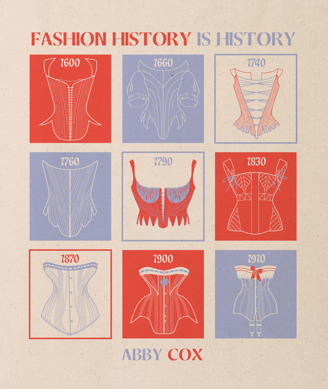 Canvas colored background with red and light purple square design on the front with corset illustrations. Text says FASHION HISTORY IS HISTORY and then under the design says ABBY COX.