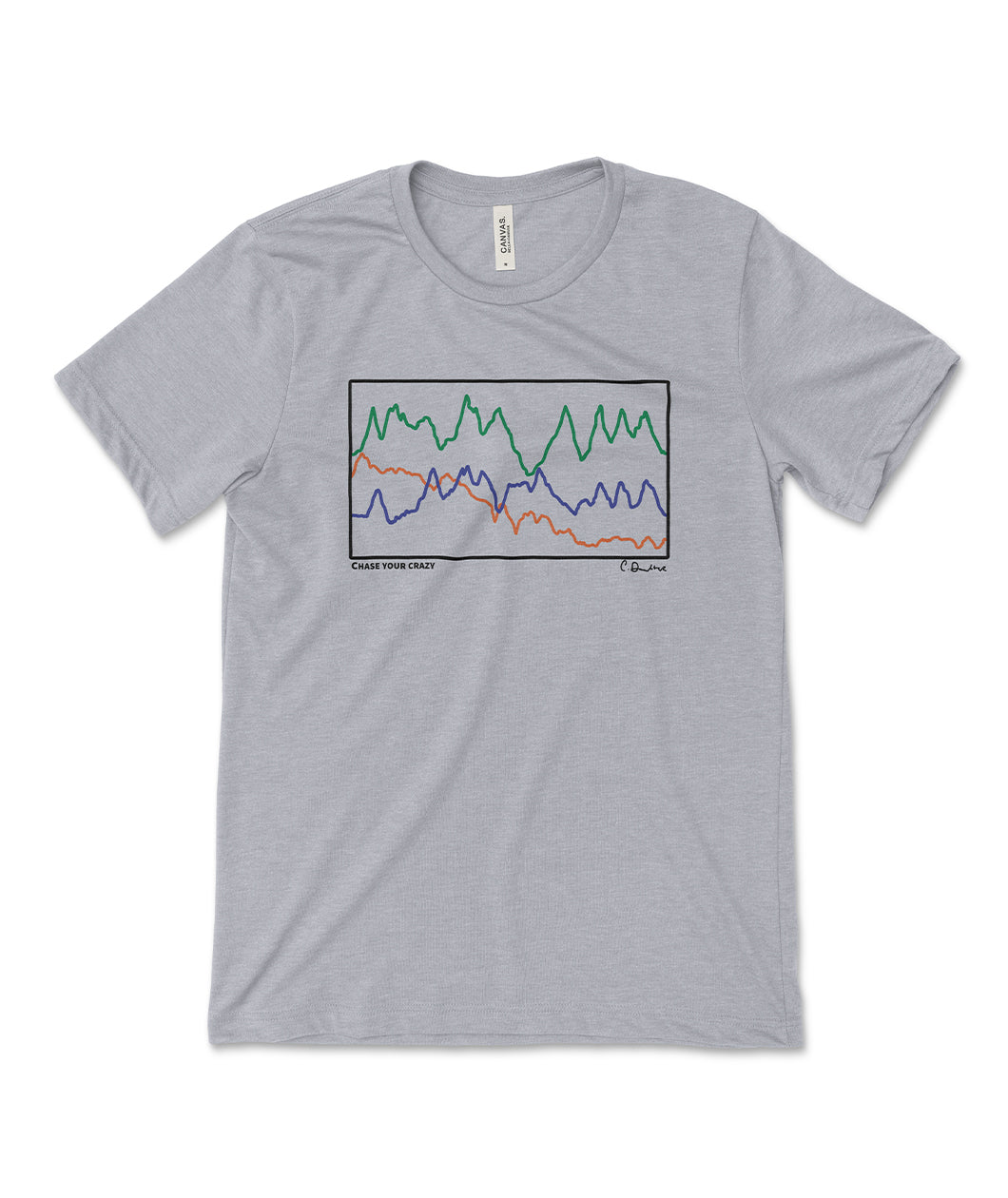 A grey t-shirt with a black rectangular outline around a chart of three different colored lines going up and down. Small text below reads "Chase Your Crazy" with a small signature from Courtney Dauwalter.