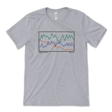 A grey t-shirt with a black rectangular outline around a chart of three different colored lines going up and down. Small text below reads "Chase Your Crazy" with a small signature from Courtney Dauwalter.