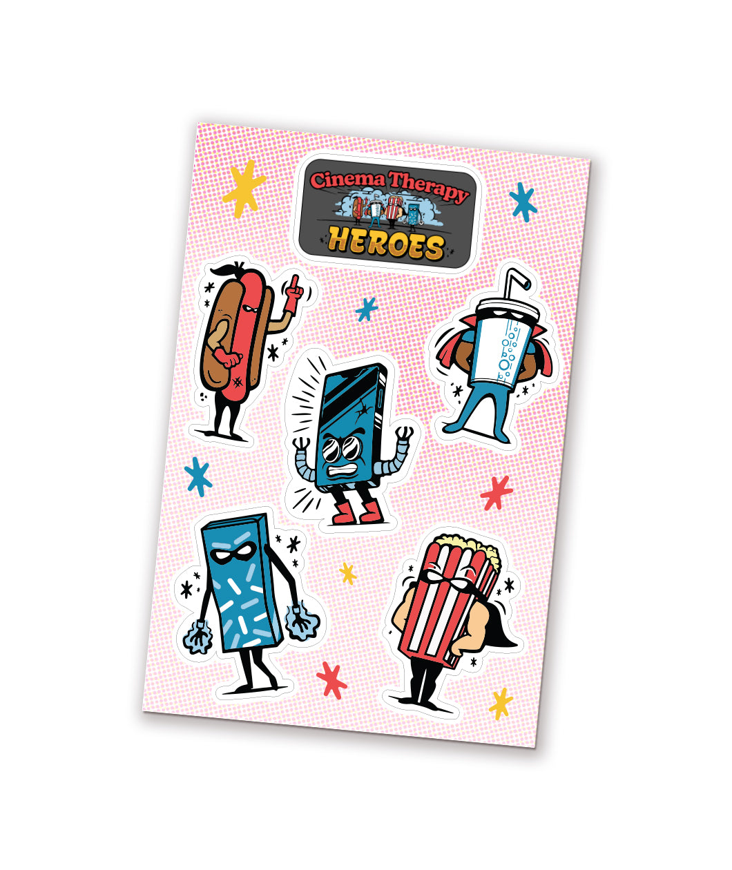A sticker sheet featuring the characters of Cinema Therapy’s Heroes. From Cinema Therapy.
