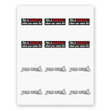 A tattoo sheet with 12 tattoos of two different designs (6 of each design). The first design is white text with black background that reads "This is EXACTLY what you came for" white EXACTLY in red. The other design is bubble lettering that reads "Pain Cave" with a pick axe at the end of the word. From Courtney Dauwalter.