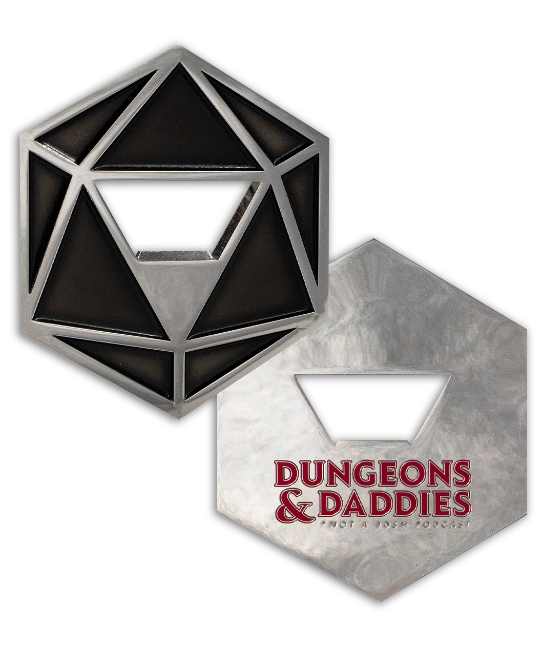 Metal D20 shaped silver bottle opener. Black inlay. Dungeons and Daddies logo printed on the back in dark red.