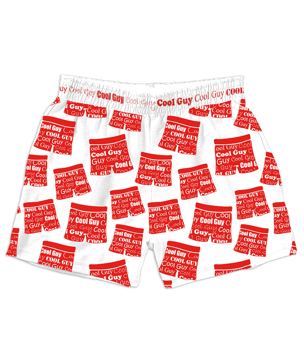 White boxer shorts with a pattern of red boxer shorts that say "Cool Guy" on them in different alternating fonts. The words "Cool Guy" are repeated in red on the waist band in the same different alternating fonts.
