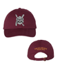 Burgundy dad hat with D20 skull illustration printed in black and white front and center. On the back the words THE DO OR DICE TOUR 2023 are embroidered in orange over the gap.