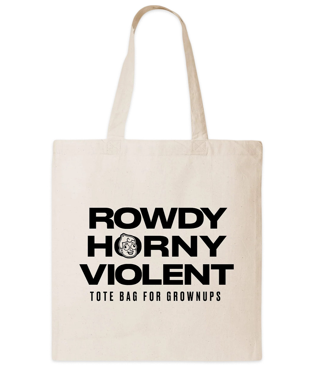 Canvas tote with screenprinted black text, 