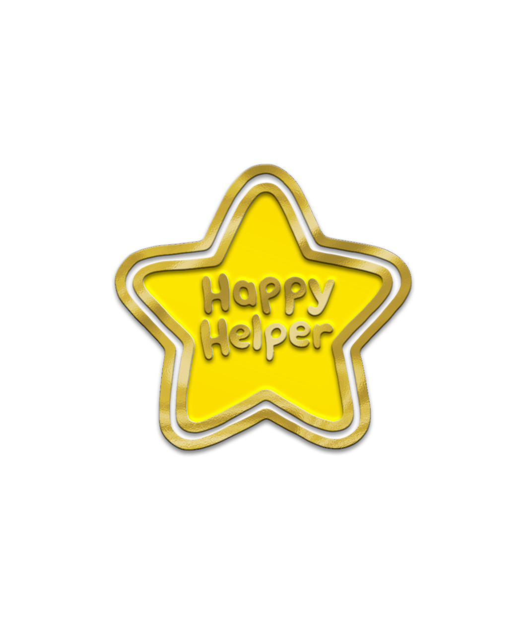 Gold plated enamel pin of a star. It has a yellow enamel star in the middle with gold plated text that says, 