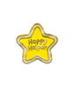 Gold plated enamel pin of a star. It has a yellow enamel star in the middle with gold plated text that says, "Happy Helper".