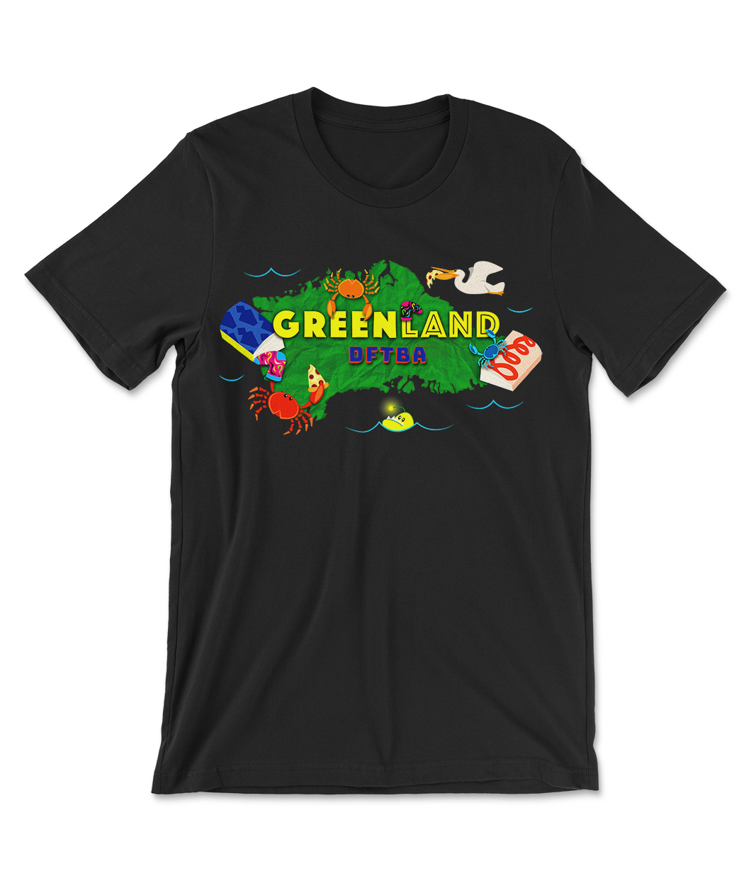 Black t-shirt with a green illustrated map of Greenland with the words 'Greenland DFTBA
