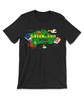 Black t-shirt with a green illustrated map of Greenland with the words 'Greenland DFTBA" on it. There are colorful crabs, a pelican, books, a hanklerfish and socks, even some books illustrated in bright colors.