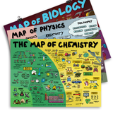 A green and yellow poster with "MAP OF CHEMISTRY" written on top, covered in text and graphics. Behind that is a horizontal multi colored poster about physics named "MAP OF PHYSICS" with illustrations. In the back is a red and purple poster covered with drawings of life on a macroscopic and microsopic level - by Domain of Science