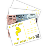 Four postcards with the words "4 Mystery Postcards" written on the front of the first one. Second postcard shows the Map of Physics and the second and third are blank postcard backs.