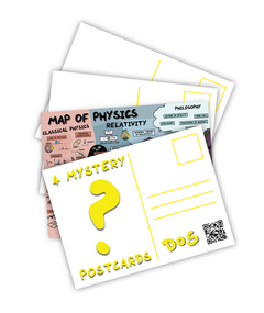Four postcards with the words "4 Mystery Postcards" written on the front of the first one. Second postcard shows the Map of Physics and the second and third are blank postcard backs.