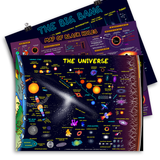 A horizontal purple poster to represent the space and stars with illustrations of planets and other astronomical graphics. Behind that is another lighter purple and blue horizontal poster covered in text and images of black holes. Behind that is a third dark blue poster with light blue and yellow text and multicolor graphics - by Domain of Science