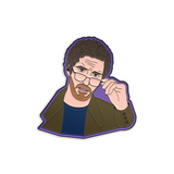 Enamel pin with black metal plating that has the bust of a man pulling down his glasses on a purple background.