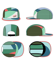 A photo showing 6 different angles of the same 5 panel camp hat from Ginger Runner.