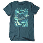 Deep teal colored short sleeve tshirt with a bluish green printed design that says "WE NEVER LEFT THE WATER" with illustrations of sea creatures around it to make it look like the text and fish are in the water on the shirt.