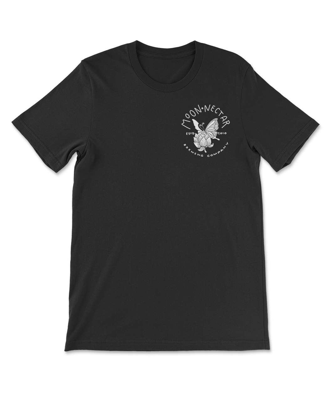 Black T-shirt with white print. Left front chest has logo for Moon Nectar Brewing Company, a butterfly on a hops plant with the moon peaking out. EST in 2010 frames the logos center.