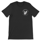 Black T-shirt with white print. Left front chest has logo for Moon Nectar Brewing Company, a butterfly on a hops plant with the moon peaking out. EST in 2010 frames the logos center.