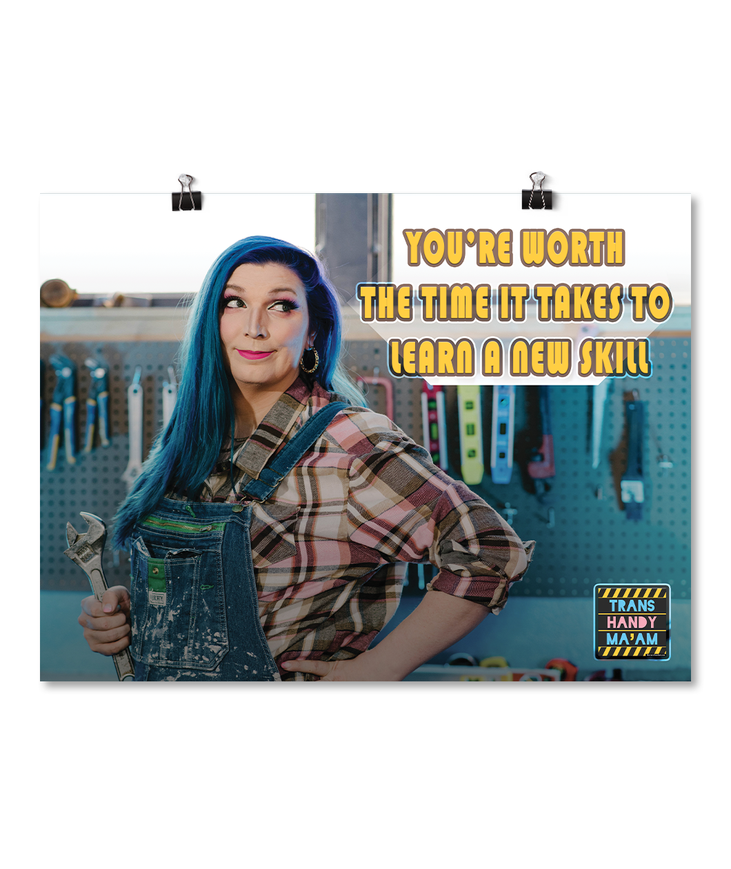 Poster of woman with blue hair (Mercury) holding a wrench in her workshop looking up at the phrase, 
