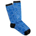 Blue crew socks with white topographic lines woven in and black heels, toes, and a stripe at the top of the socks.