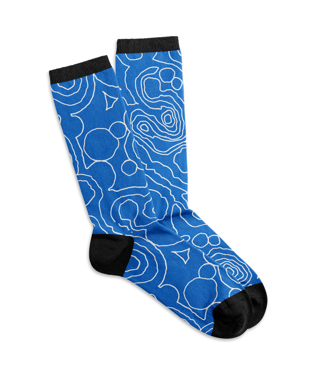 Blue crew socks with white topographic lines woven in and black heels, toes, and a stripe at the top of the socks.