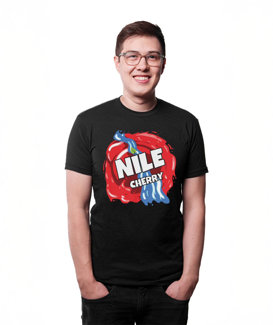 Man wearing black shirt with red and blue logo with the words Nile Cherry in white.