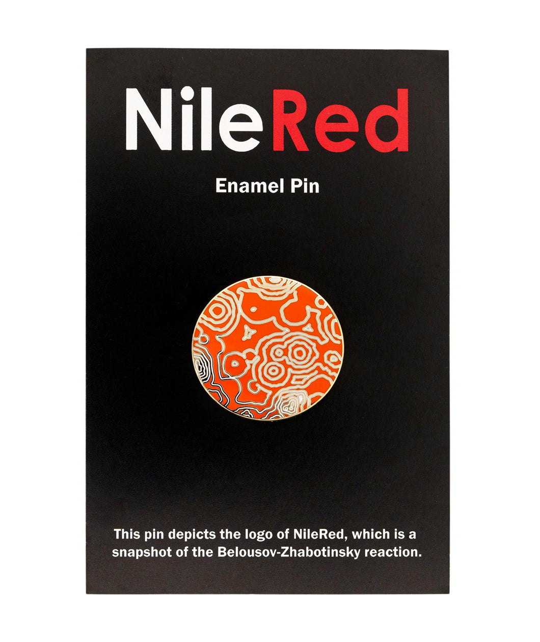 Red pin with gold squiggly topographic lines on it shown on black backing card with words, "NileRed Enamel Pin - This pin depicts the logo of NileRed, which is a snapshot of the Belousov-Zhabotinsky reaction."