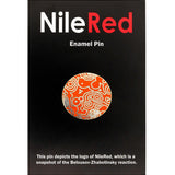 Red pin with gold squiggly topographic lines on it shown on black backing card with words, "NileRed Enamel Pin - This pin depicts the logo of NileRed, which is a snapshot of the Belousov-Zhabotinsky reaction."