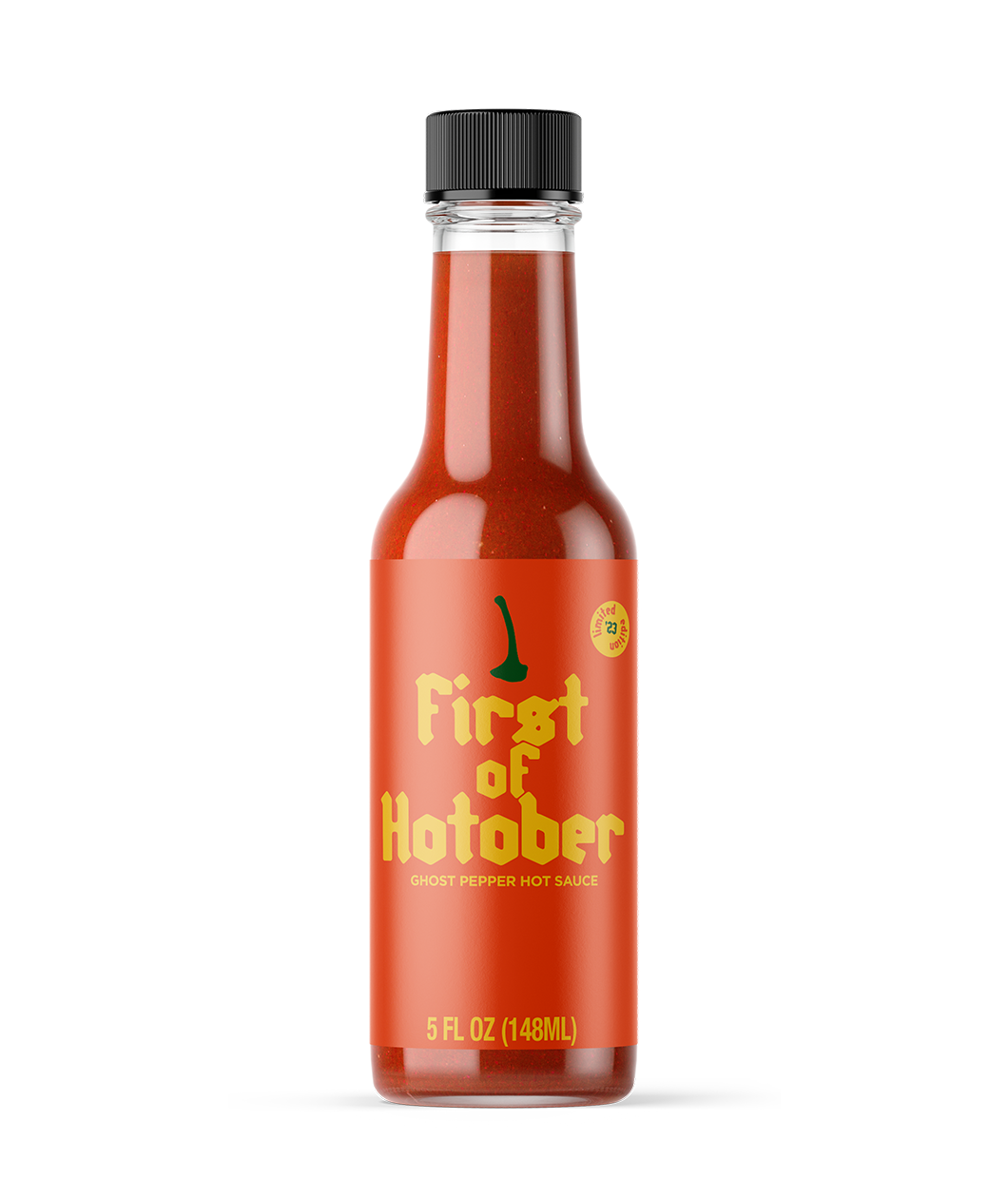 A glass 5oz bottle of red hot sauce with a label that reads "First of Hotober; Ghost Pepper Hot Sauce". From Rob Scallon.