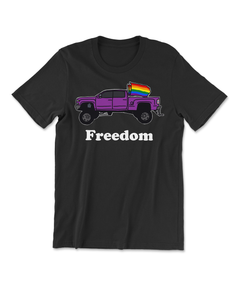 A black t-shirt with a lifted purple truck with pride flags flying from the back and the text "Freedom" below it. From Semi Rad.