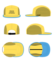 Six different angles of a yellow running hat with a blue line around the rim. There is black text on the front that says "Practice Maximum Enthusiasm". From Semi Rad.