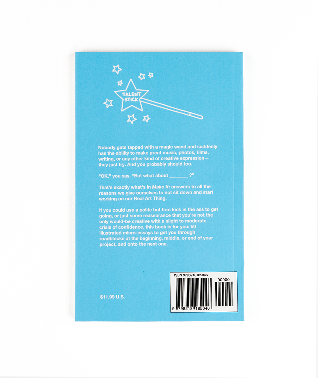 The back of the book is light blue with small text and a magic wand that says "Talent Stick". From Semi Rad. 