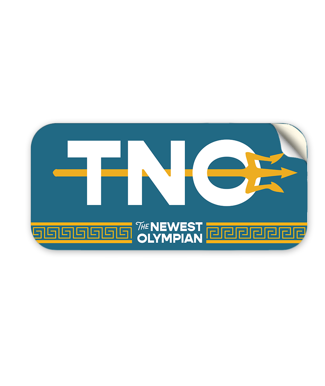 A rectangular sticker with rounded corners, a blue background and the letters "TNO" in white with a yellow trident going through it. Below the TNO is says "The Newest Olympian".