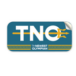 A rectangular sticker with rounded corners, a blue background and the letters "TNO" in white with a yellow trident going through it. Below the TNO is says "The Newest Olympian".