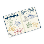 A sticker that looks like the inside of a passport with text that reads "Welcome to Tour-ope" and "Potterless; The Newest Olympian" and has stamps of different cities in Europe.
