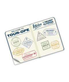 A sticker that looks like the inside of a passport with text that reads "Welcome to Tour-ope" and "Potterless; The Newest Olympian" and has stamps of different cities in Europe.
