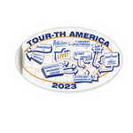 An oval shaped white decal showing different cities around the world with the text "Tour-th America 2023".