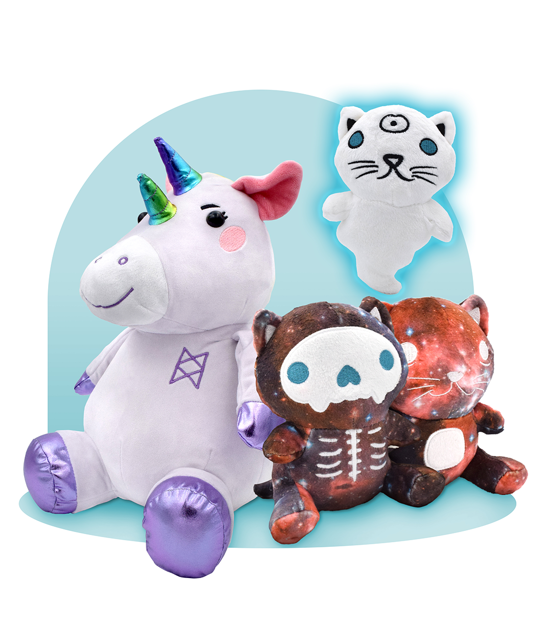 Light purple unicorn plushie with two shiny rainbow horns in the middle of it's forehead. Three cat plushies, one that is white (Quantum) and has ghost like tail, one that it's skeleton embroidered onto galaxy fabric (dead galactic), once that has galaxy themed fabric and is smiling (living galactic).