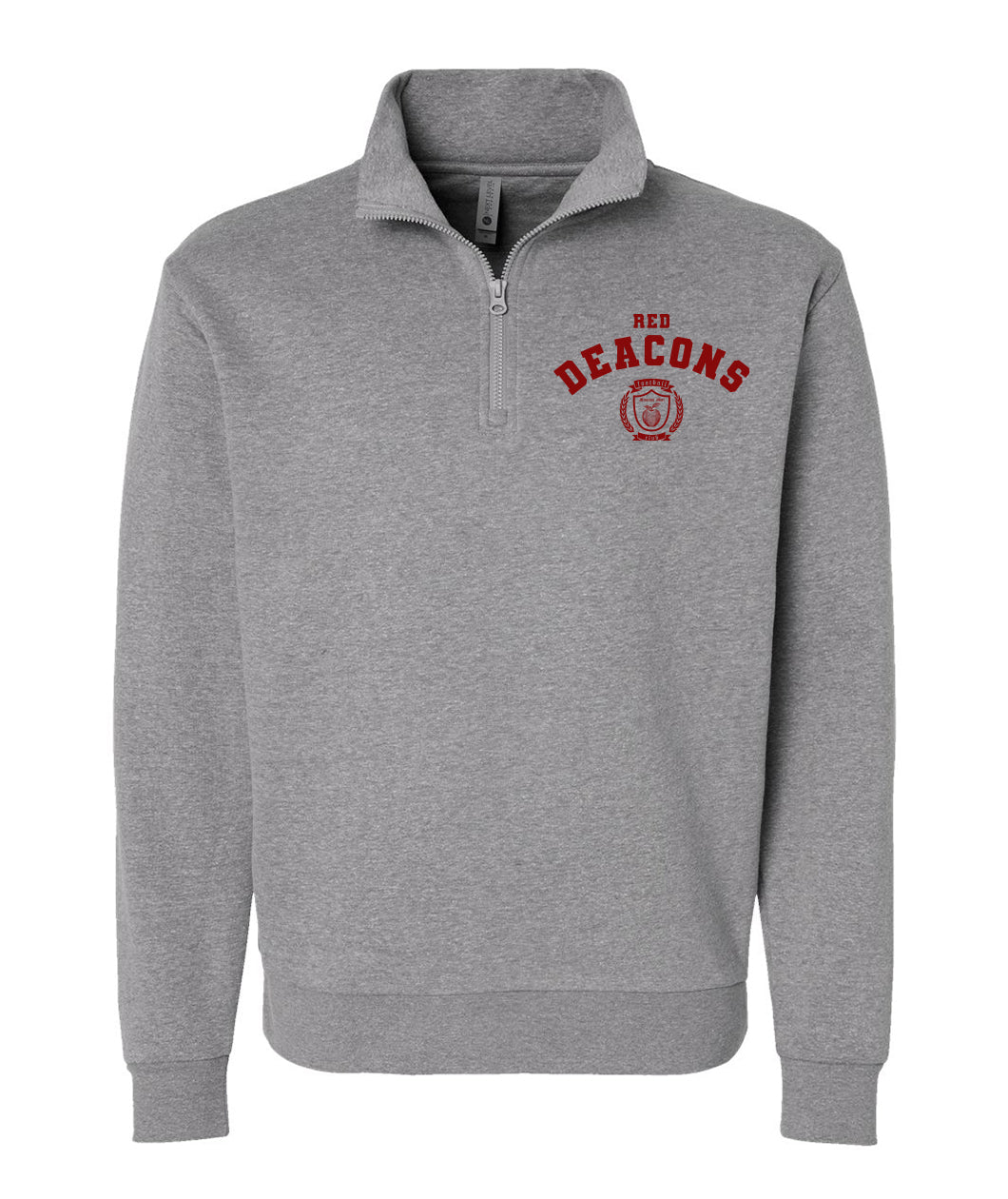 Heather Grey Sweatshirt with a quarter zip closure. There is a print on the left part of the wearer's chest that reads, 