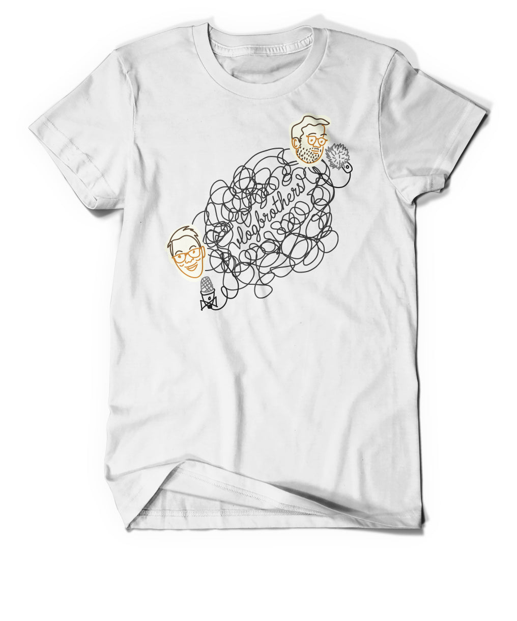 White shirt. Image is of Hank and John with illustrations of their microphones for podcasting. In between them is the word, "Vlogrbothers" written in cursive but made to be the scribbly lines of a microphone cord.