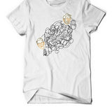 White shirt. Image is of Hank and John with illustrations of their microphones for podcasting. In between them is the word, "Vlogrbothers" written in cursive but made to be the scribbly lines of a microphone cord.