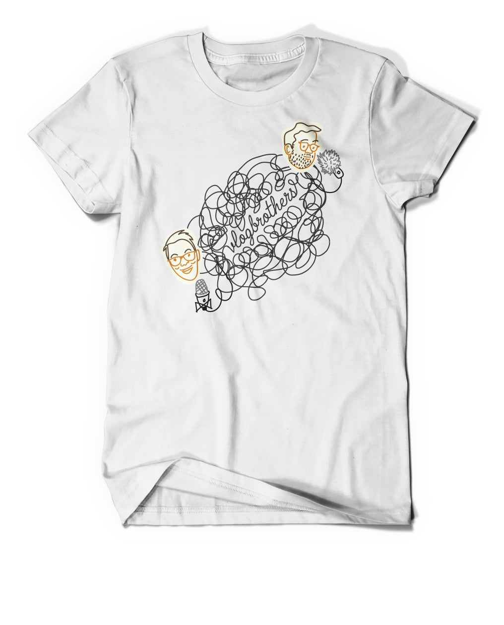 White shirt. Image is of Hank and John with illustrations of their microphones for podcasting. In between them is the word, "Vlogrbothers" written in cursive but made to be the scribbly lines of a microphone cord. 
