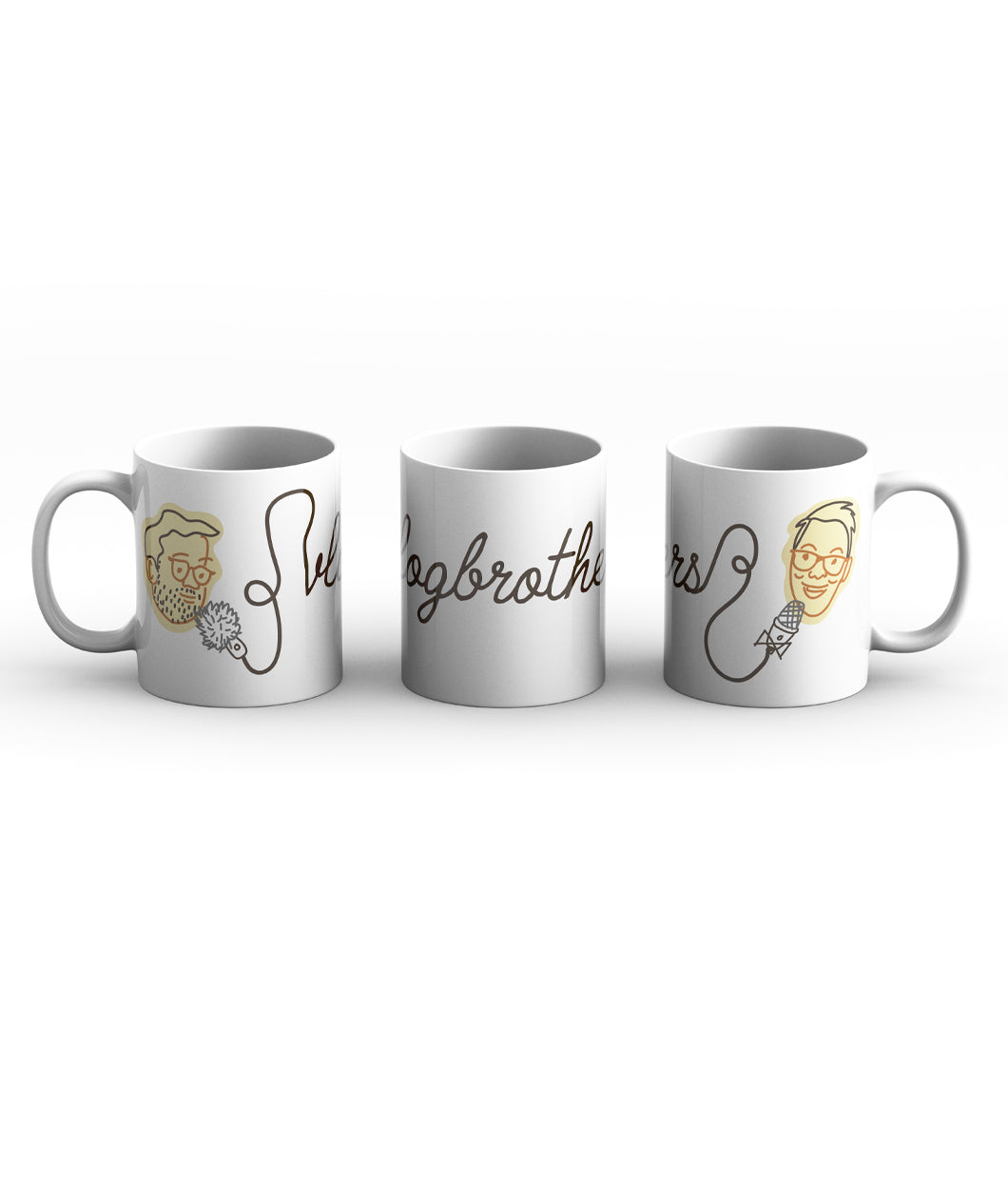 White mug with a full wrap design. Design is of an illustrated version of Hank and John Green with their microphones. In between them is the word, "Vlogbrothers" written out in cursive but the line is continuous and links Hank's microphone to John's.