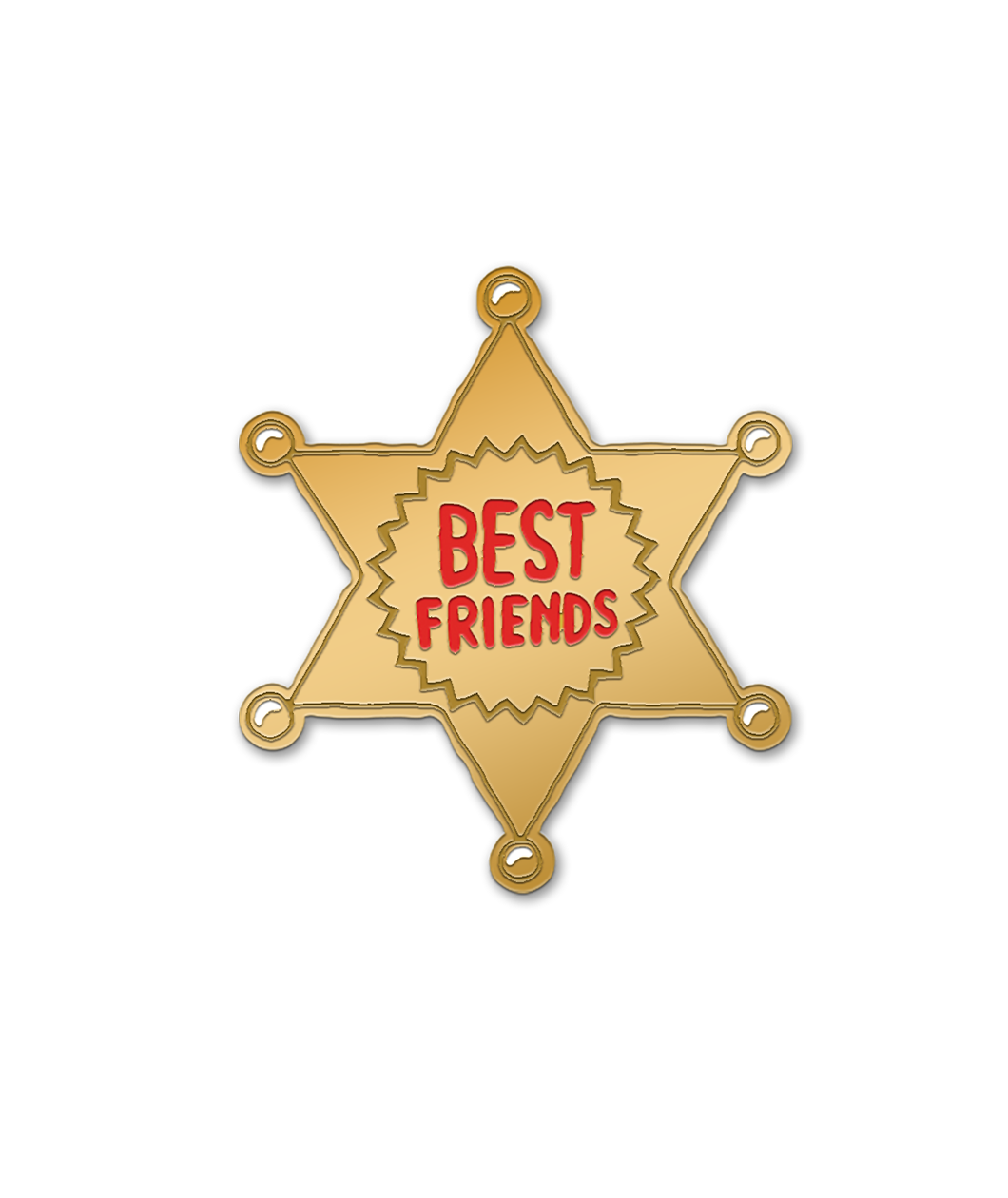 Gold metal plating sheriff 6 sided star pin with the words, "BEST FRIENDS" in red in the center. 