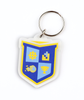 Silver colored keychain with acrylic charm of a yellow and blue shield with pixelated images in each of the four corners to make up the VGHS crest.